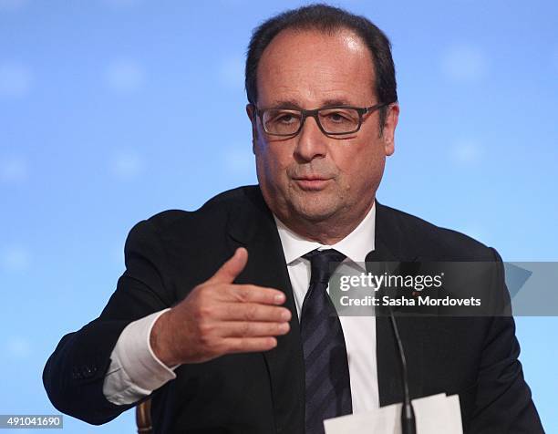 French President Francois Hollande speeches during press conference after the Normandy Format Summit in the Elysee Palace on October 2, 2015 in...