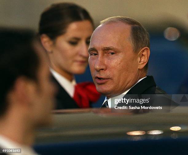 Russian President Vladimir Putin leaves the Elysee Palace on October 2, 2015 in Paris, France. Leaders of France, Germany, Russia and Ukraine has...