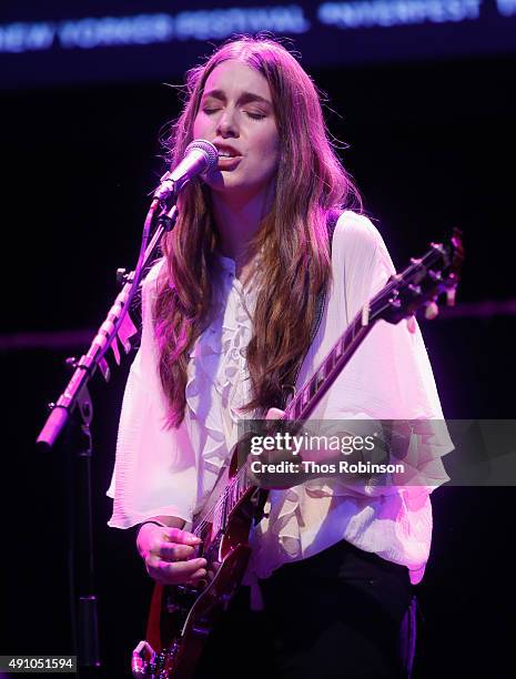 Danielle Haim of the band HAIM performs on stage during the HAIM Talks With Kelefa Sanneh during The New Yorker Festival 2015 at Gramercy Theatre on...