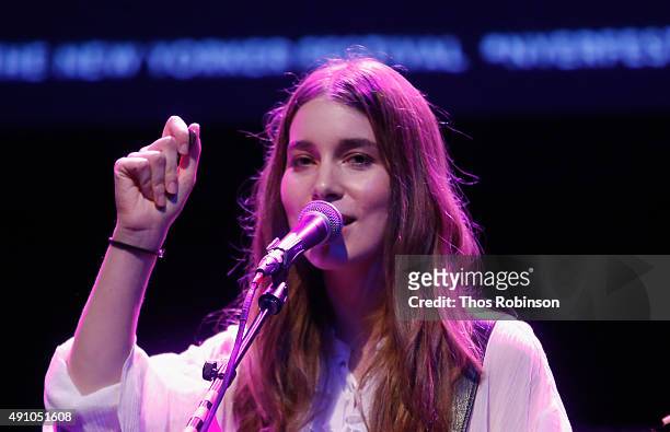 Danielle Haim of the band HAIM performs on stage during the HAIM Talks With Kelefa Sanneh during The New Yorker Festival 2015 at Gramercy Theatre on...