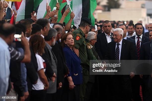 Palestinian President Mahmoud Abbas , is welcomed by officials and supporters, during his arrival in Ramallah, West Bank on October 02 after his...