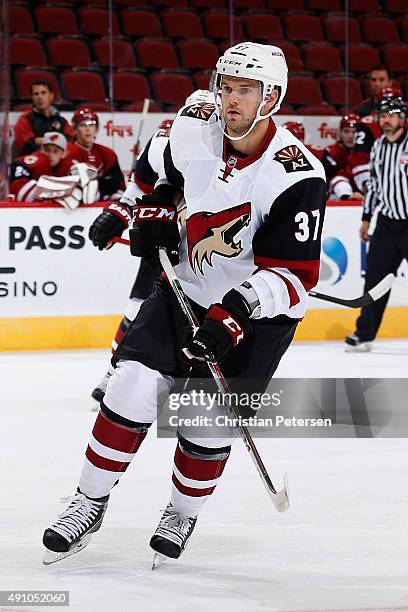 Dustin Jeffrey of the Arizona Coyotes white team in action during the Arizona Coyotes scrimmage game at Gila River Arena on September 24, 2015 in...