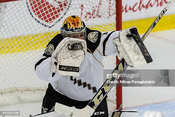 Goaltender Mason McDonald of the Charlottetown Islanders makes a blocker save during the QMJHL game against the Blainville-Boisbriand Armada at the...