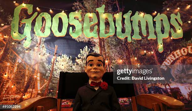 Slappy the Dummy is seen at the photo call for Sony Pictures Entertainment's "Goosebumps" at The London West Hollywood on October 2, 2015 in West...