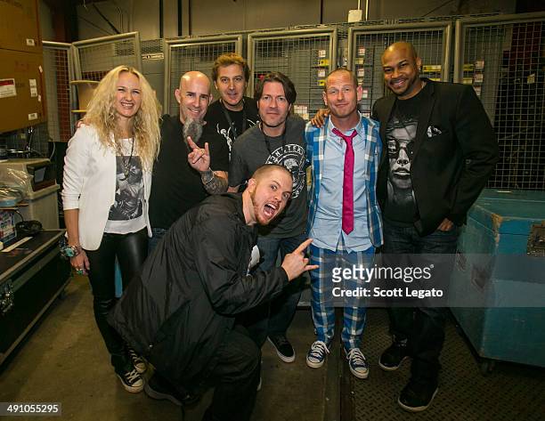 Pearl Aday, Scott Ian, Jim Florentine, Don Jamieson, Corey Taylor, Finesse Mitchell and Jamey Jasta pose backstage during Monster Energy Roast On The...