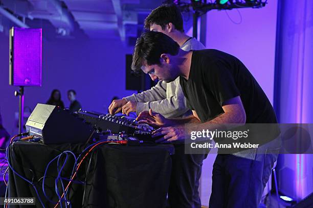 DJs Sam Haar and Zach Steinman of Blondes perform onstage at Tech@Fest: SoundCloud Lounge during The New Yorker Festival 2015 at One World Trade...