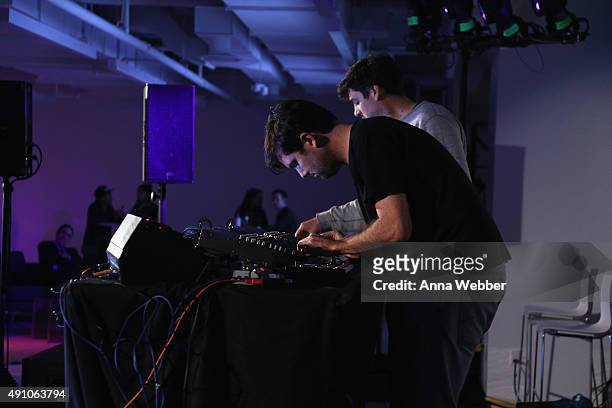 DJs Sam Haar and Zach Steinman of Blondes perform onstage at Tech@Fest: SoundCloud Lounge during The New Yorker Festival 2015 at One World Trade...