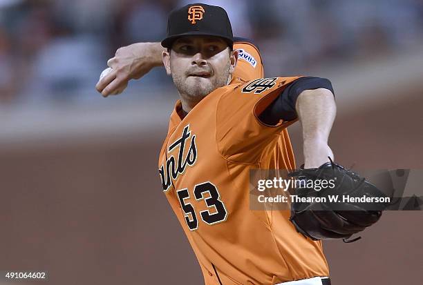 Chris Heston of the San Francisco Giants pitches against the Colorado Rockies in the top of the first inning at AT&T Park on October 2, 2015 in San...