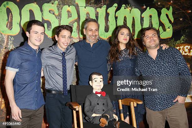 Dylan Minnette, Ryan Lee, Rob Letterman, Odeya Rush and Jack Black attend the photo call for Sony Pictures Entertainment's "Goosebumps" held at The...