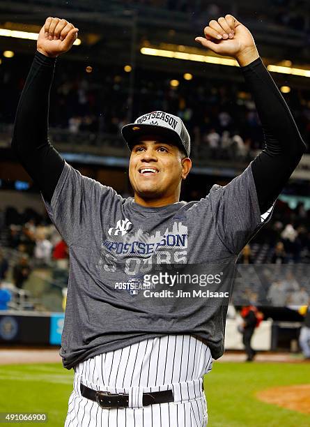 Dellin Betances of the New York Yankees celebrates on the field after defeating the Boston Red Sox at Yankee Stadium on October 1, 2015 in the Bronx...