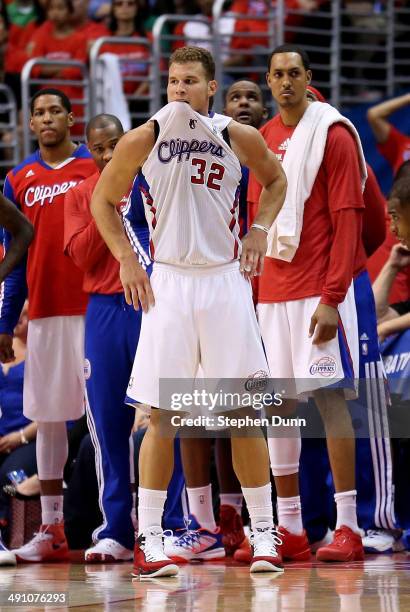 Blake Griffin of the Los Angeles Clippers reacts after fouling out against the Oklahoma City Thunder in Game Six of the Western Conference Semifinals...