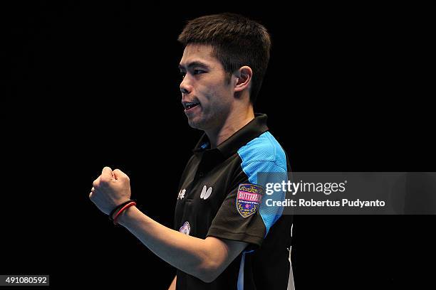 Chuang Chih-Yuan of Taipei reacts against Fan Zhendong of China during Men's singles semi-final match of the 22nd 2015 ITTF Asian Table Tennis...