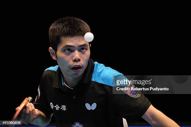 Chuang Chih-Yuan of Taipei competes against Fan Zhendong of China during Men's singles semi-final match of the 22nd 2015 ITTF Asian Table Tennis...