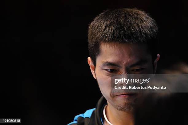 Chuang Chih-Yuan of Taipei reacts against Fan Zhendong of China during Men's singles semi-final match of the 22nd 2015 ITTF Asian Table Tennis...