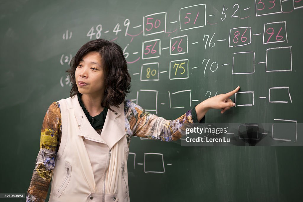 Math teacher pointing at blackboard