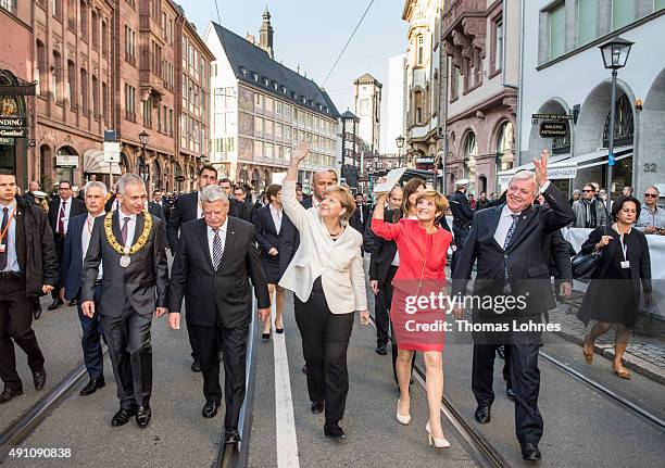 The Lord Mayor of Frankfurt am Main Peter Feldmann, German President Joachim Gauck, German Chancellor Angela Merkel, Ursula Bouffier and Prime...