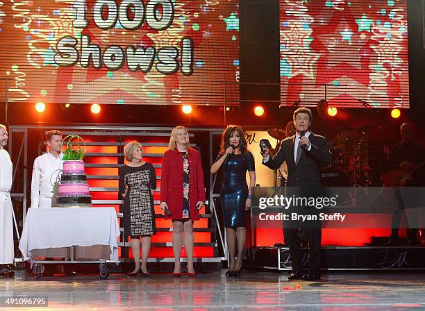 Clark County Commissioner Susan Brager and Flamingo Las Vegas Regional President Eileen Moore present entertainers Marie Osmond and Donny Osmond a...