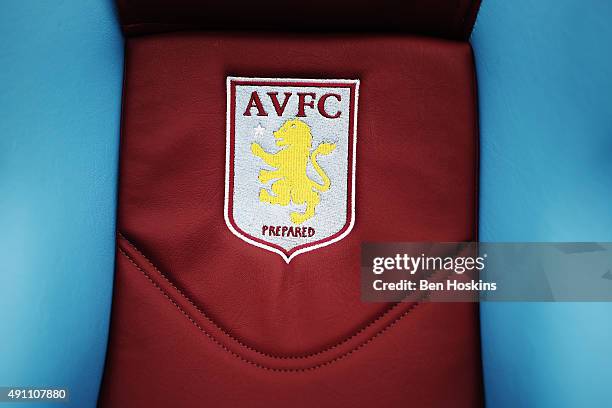 Crest detail of Aston Villa bench is seen prior to the Barclays Premier League match between Aston Villa and Stoke City at Villa Park on October 3,...