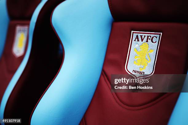 Crest detail of Aston Villa bench is seen prior to the Barclays Premier League match between Aston Villa and Stoke City at Villa Park on October 3,...