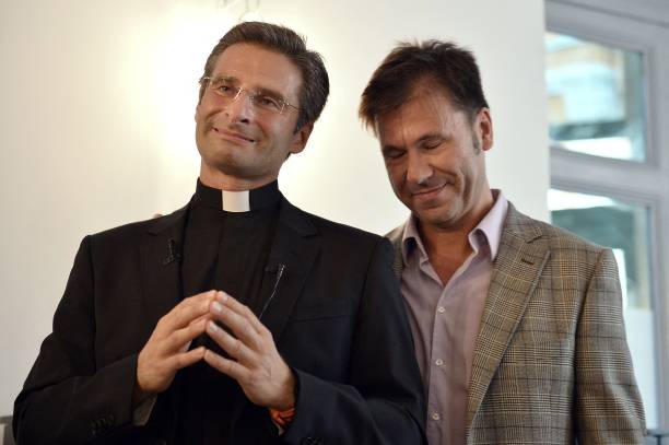 Father Krysztof Olaf Charamsa , who works for a Vatican office, gives a press conference with his partner Edouard to reveal his homosexuality on...