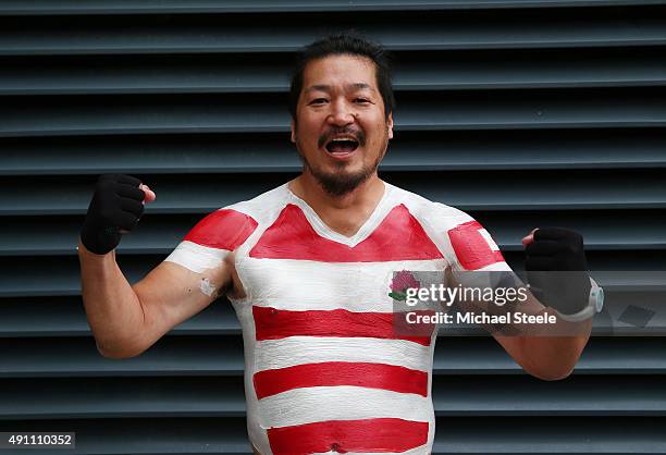 Japan fan poses prior to the 2015 Rugby World Cup Pool B match between Samoa and Japan at Stadium mk on October 3, 2015 in Milton Keynes, United...