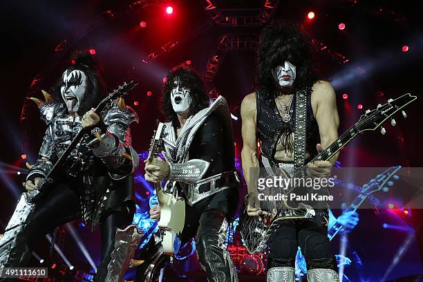 Gene Simmons, Tommy Thayer and Paul Stanley of KISS, perform during their opening show for the Australian leg of their 40th anniversary world tour at...