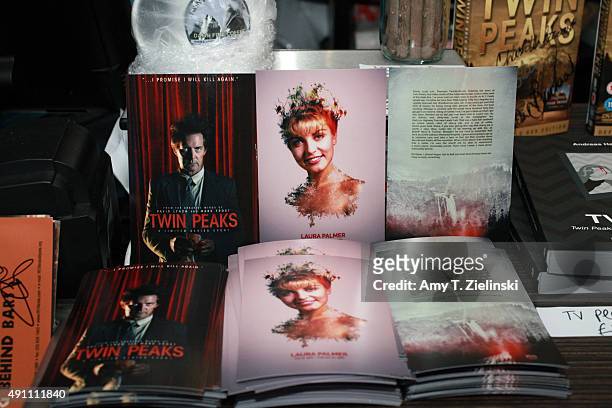 Merchandise about the TV show Twin Peaks is sold during the sixth annual Twin Peaks UK Festival at Genesis Cinema on October 3, 2015 in London,...