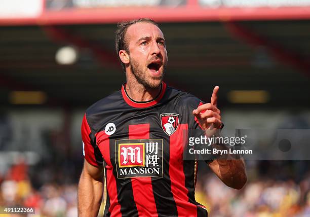 Glenn Murray of Bournemouth celebrates scoring his team's first goal during the Barclays Premier League match between A.F.C. Bournemouth and Watford...