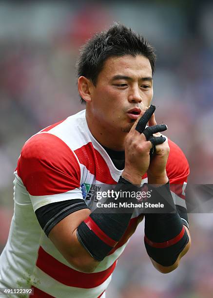 Ayumu Goromaru of Japan prepares to kick at goal during the 2015 Rugby World Cup Pool B match between Samoa and Japan at Stadium mk on October 3,...