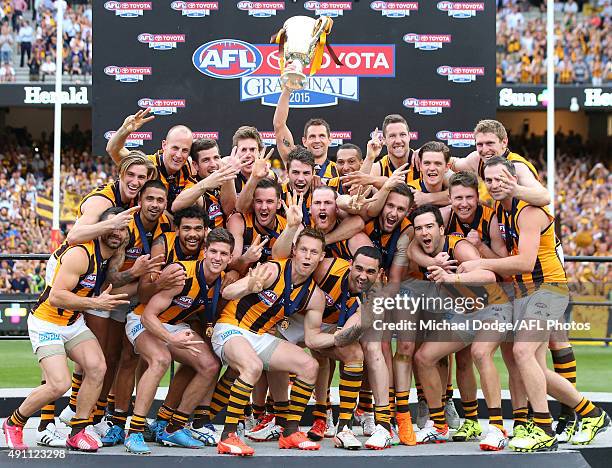 Hawks players celebrates the win during the 2015 AFL Grand Final match between the Hawthorn Hawks and the West Coast Eagles at Melbourne Cricket...