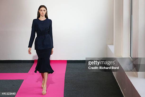 Model walks the runway during the Diogo Miranda show as part of the Paris Fashion Week Womenswear Spring/Summer 2016 at Espace Cardin on October 3,...