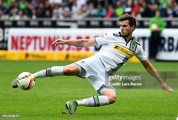 Havard Nordtveit of Moenchengladbach scores his teams first goalduring the Bundesliga match between Borussia Moenchengladbach and VfL Wolfsburg at...