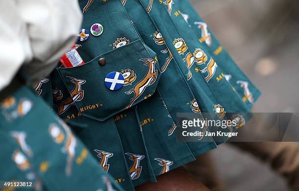 South African fans wear Springbok kilts ahead of the 2015 Rugby World Cup Pool B match between South Africa and Scotland at St James' Park on October...