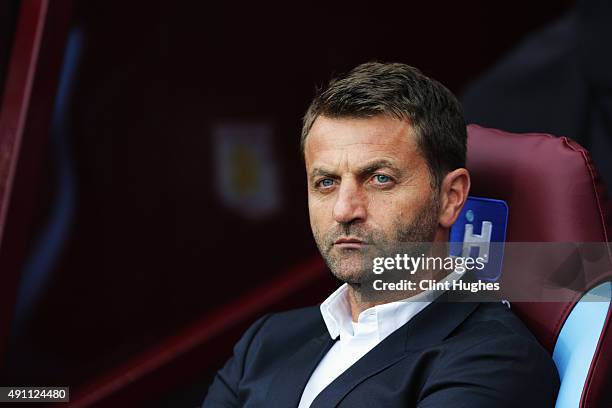 Tim Sherwood Manager of Aston Villa looks on before during the Barclays Premier League match between Aston Villa and Stoke City at Villa Park on...