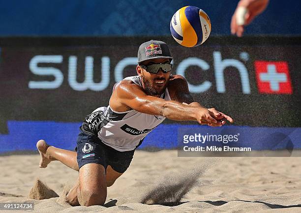 Daniele Lupo of Italy plays a shot during a match against Cerutti Alison and Oscar Schmidt Bruno of Brazil at the FIVB Fort Lauderdale Swatch Season...