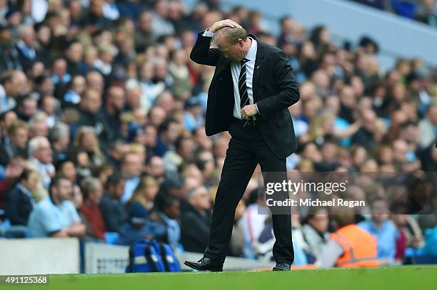 Newcastle manager Steve McClaren looks dejected during the Barclays Premier League match between Manchester City and Newcastle United at Etihad...