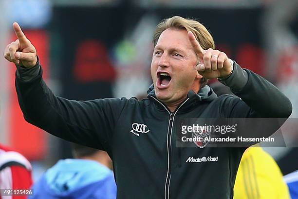 Ralph Hasenhuettl, head coach of Ingolstadt celebrates victory after winning the Bundesliga match between FC Ingolstadt and Eintracht Frankfurt at...