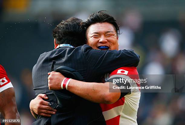 Hiroshi Yamashita of Japan celebrates after the 2015 Rugby World Cup Pool B match between Samoa and Japan at Stadium mk on October 3, 2015 in Milton...