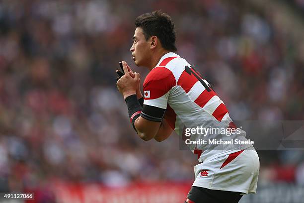 Ayumu Goromaru of Japan prepares to kick a penalty during the 2015 Rugby World Cup Pool B match between Samoa and Japan at Stadium mk on October 3,...