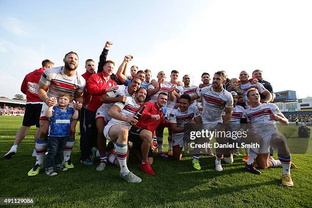 The Wakefield Wildcats celebrate a dramatic win against Bradford Bulls in the Million Pound Game between Wakefield Wildcats and Bradford Bulls at...