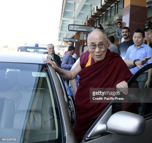 Tibetan spiritual leader the Dalai lama sitting as he faces the media when he arrived at Kangra airport, Gaggal on Saturday morning after he...