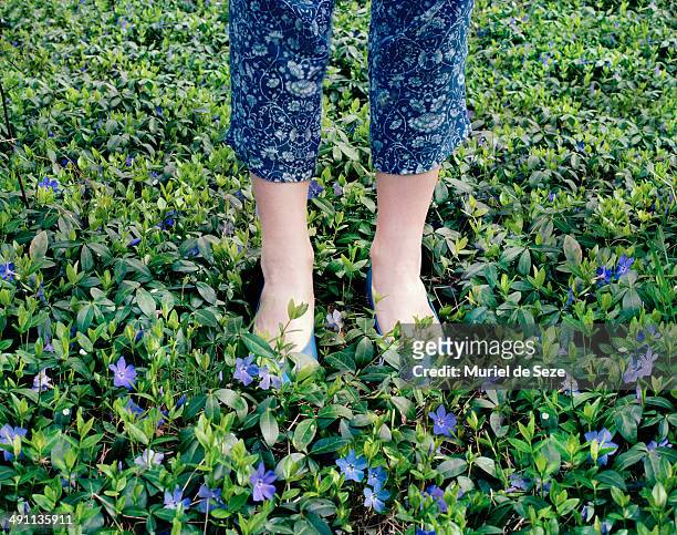 legs and feet among flowers - floral pattern pants stock pictures, royalty-free photos & images