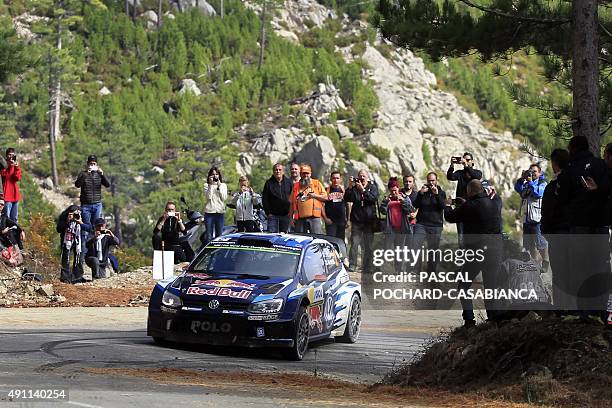 Finnish driver Jari Matti Latvala steers his Volkswagen Polo R during the sixth special stage of the WRC Tour de Corse Rally championship on October...