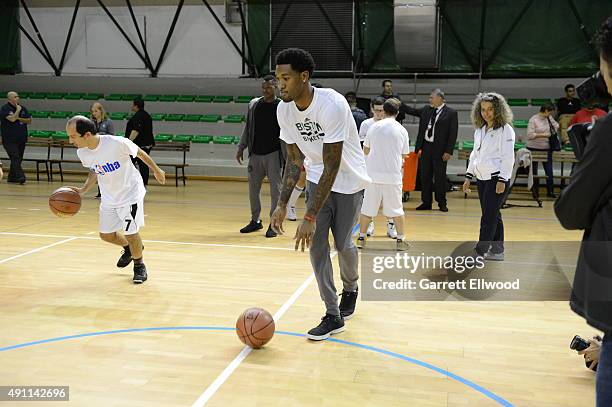 Perry Jones of the Boston Celtics participates during the Celtics Jr. NBA Special Olympics Clinic as part of the 2015 Global Games on October 3, 2015...