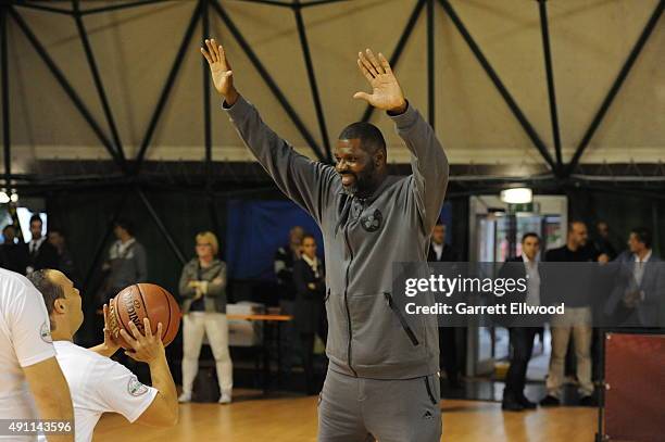 Walter McCarty of the Boston Celtics participates during the Celtics Jr. NBA Special Olympics Clinic as part of the 2015 Global Games on October 3,...