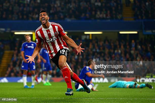 Graziano Pelle of Southampton celebrates scoring his team's third goal during the Barclays Premier League match between Chelsea and Southampton at...