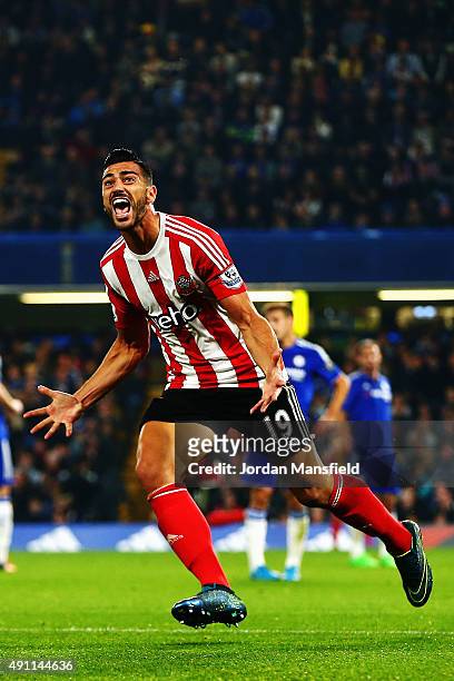 Graziano Pelle of Southampton celebrates scoring his team's third goal during the Barclays Premier League match between Chelsea and Southampton at...