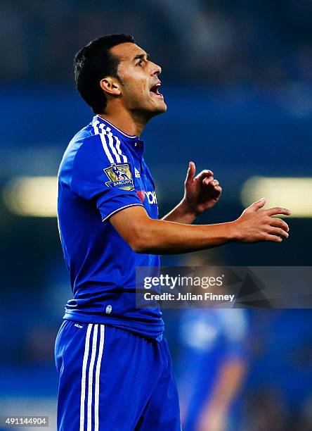 Pedro of Chelsea shows his dejection after conceding the third goal to Southampton during the Barclays Premier League match between Chelsea and...