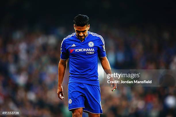 Radamel Falcao Garcia of Chelsea reacts during the Barclays Premier League match between Chelsea and Southampton at Stamford Bridge on October 3,...