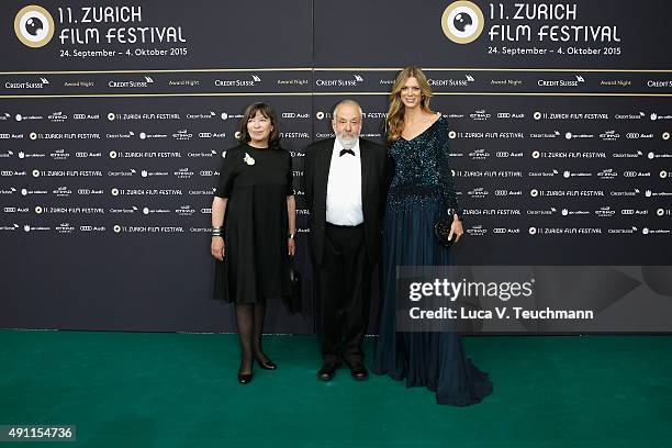 Marion Bailey, Mike Leigh and Nadja Schildknecht attend the Award Night during the Zurich Film Festival on October 3, 2015 in Zurich, Switzerland.